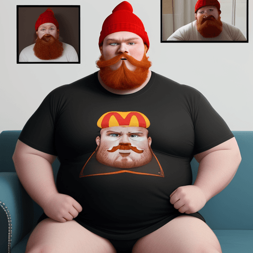 AI generated: a 700 pound man called bigmac with a beanie on and a mcdonalds t shirt he has a ginger beard and mou...