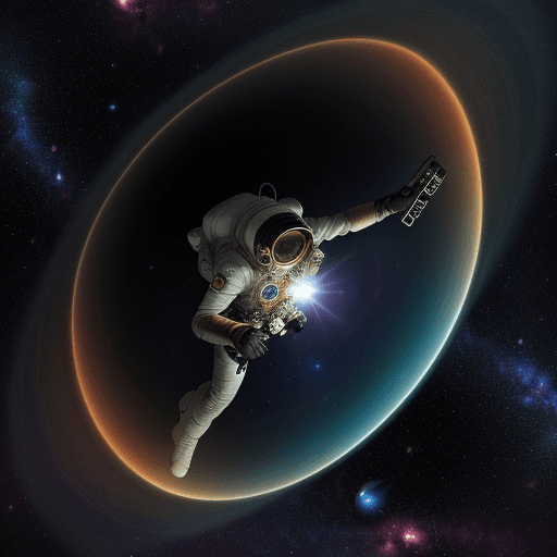 AI generated: Photo of a space treasure hunter going through cosmos, creatures, galaxy, saturn