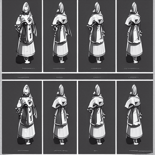 AI generated: traditional character design sheet, cinematic clean concept art of a knight witch, potion belt, robe...