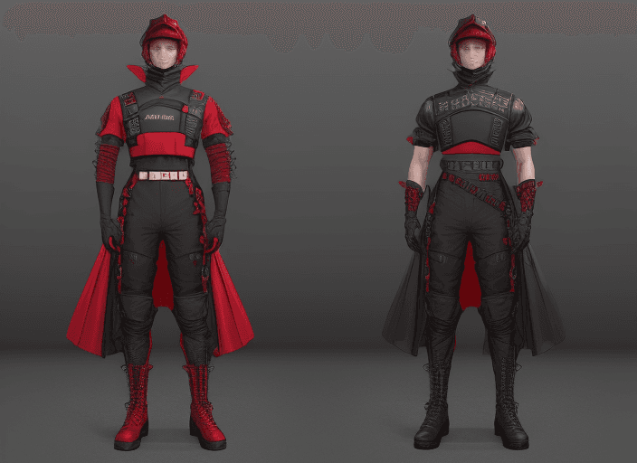 AI generated: red and black year 2100 minstrel outfit
