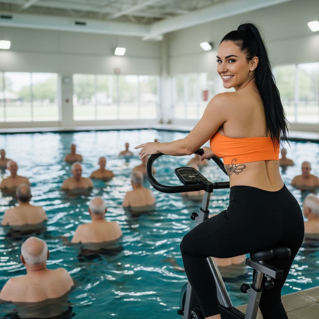AI generated: A gorgeous fit 26 beautiful year old white girl FACING THE CAMERA SHE IS A WATER AROBICS INSTRUCTOR ...
