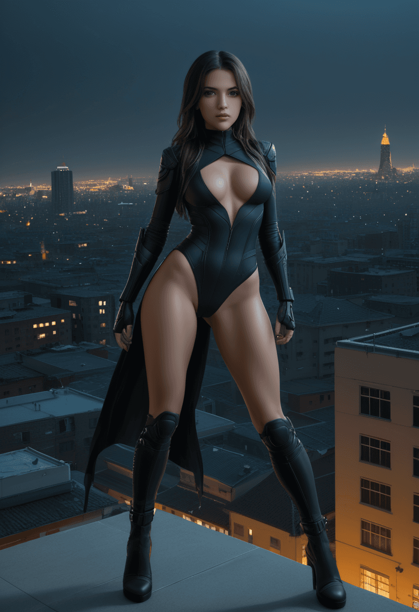 AI generated: breathtaking Digital artwork,concept art,a female ninja,standing on rooftop with a dark dystopian ci...