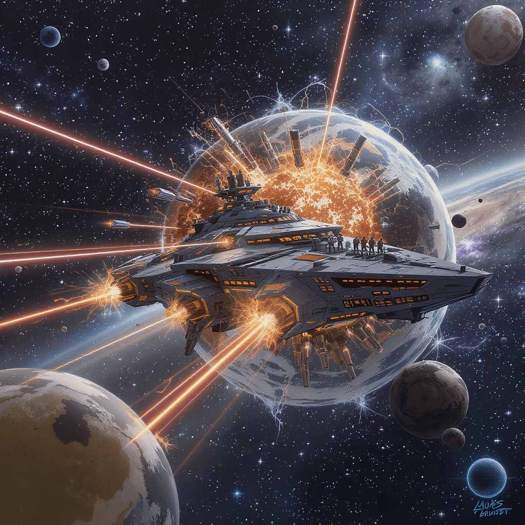 AI generated: all female intergalactic battle cruiser destroy a tiny planet full of wiked aliens that capture and ...