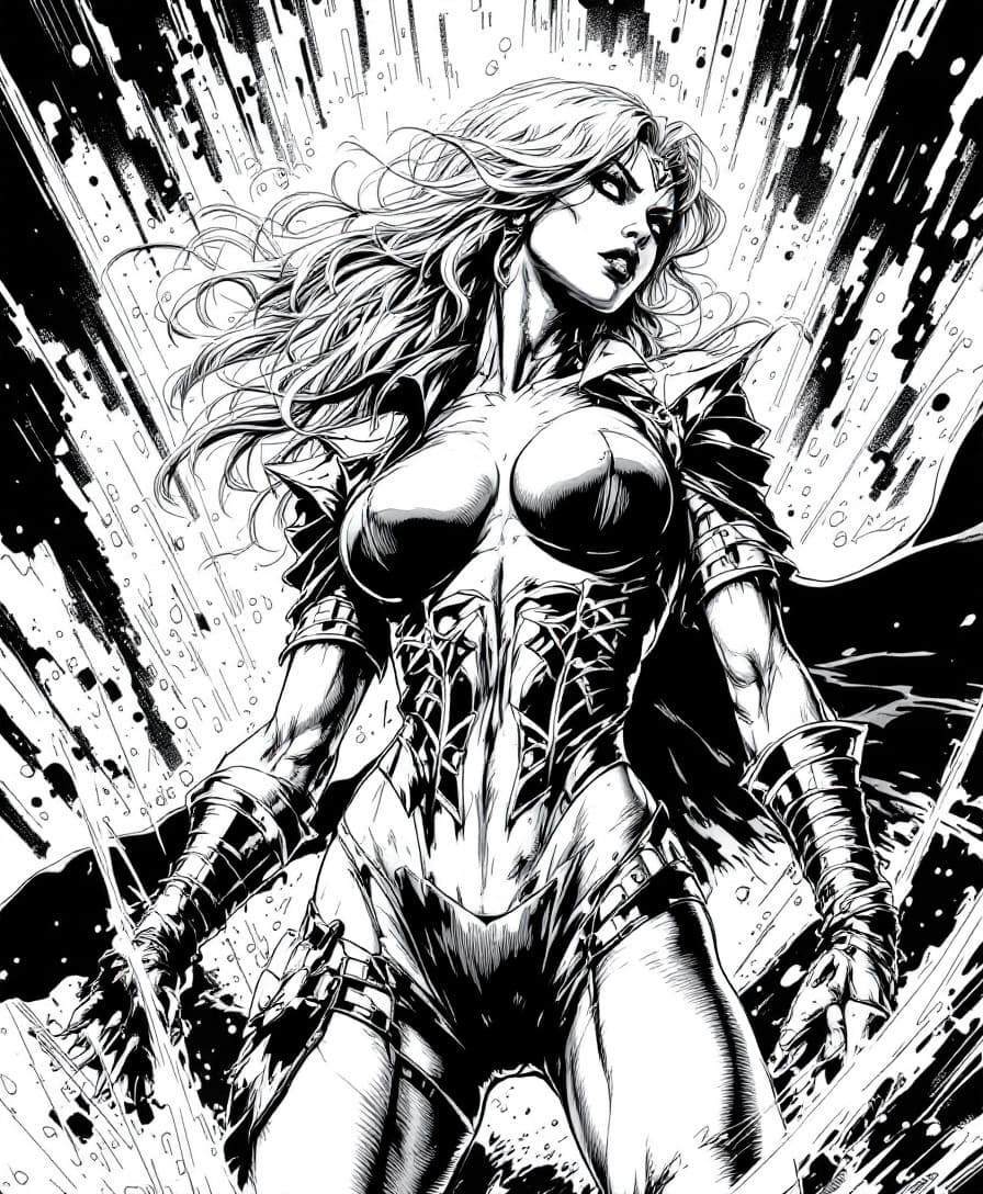 AI generated: female in 90s Top Cow comic style, dynamic pose, inked line art, comic book illustration, detailed s...