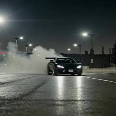 AI generated video: A cinematic night scene on an empty industrial road.
In the distance, a high-performance sports car ...