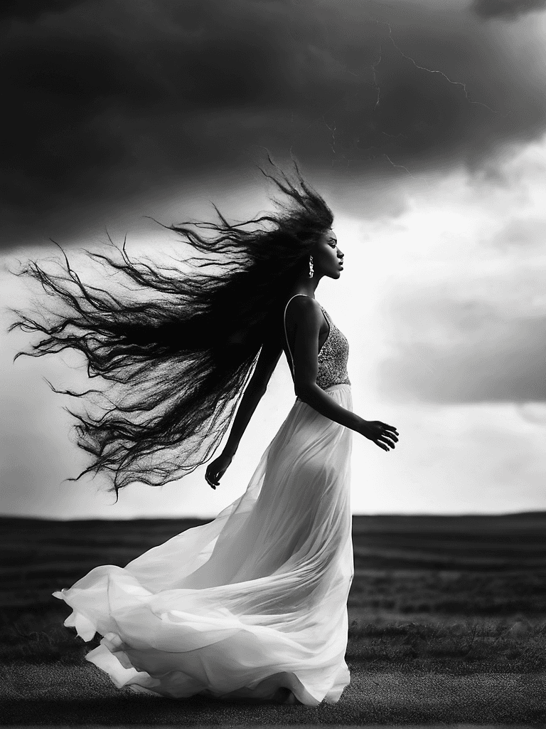 AI generated: amazing background, breathtaking bohemian black model, white, motion, award-winning art photograph, ...