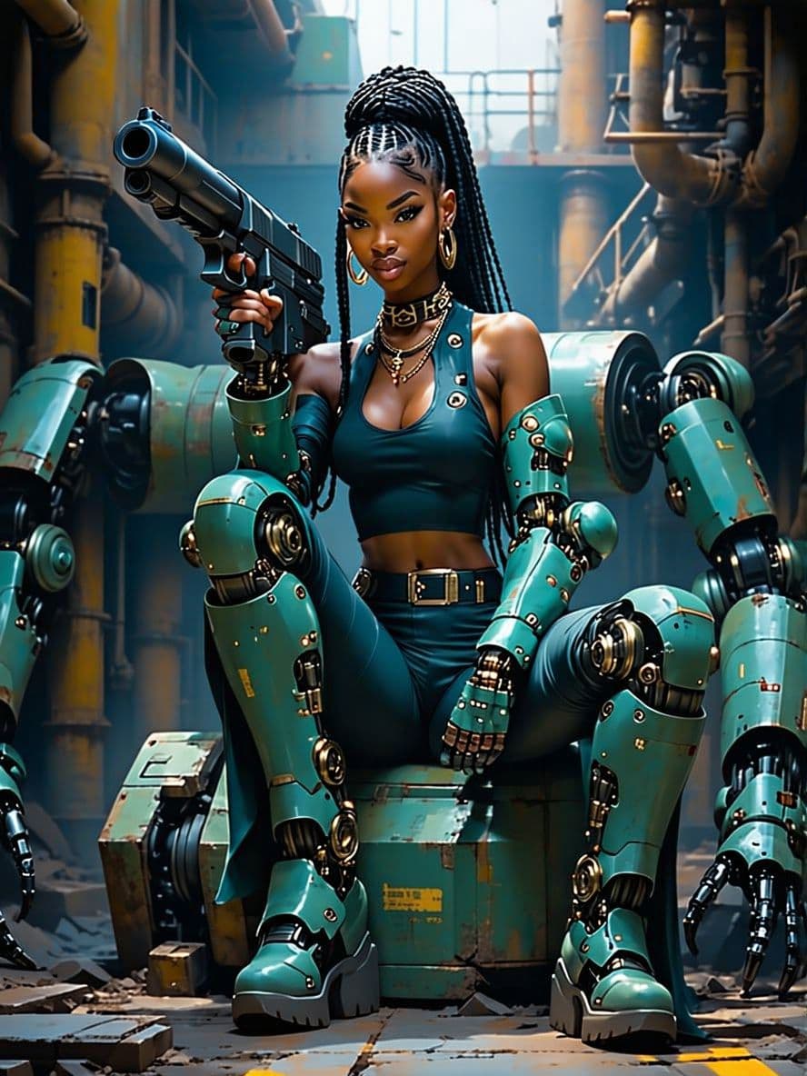 AI generated: Create a (Afrofuturistic woman:1.5) with (black braided hair:1.3) and (holding a huge hand cannon:1....
