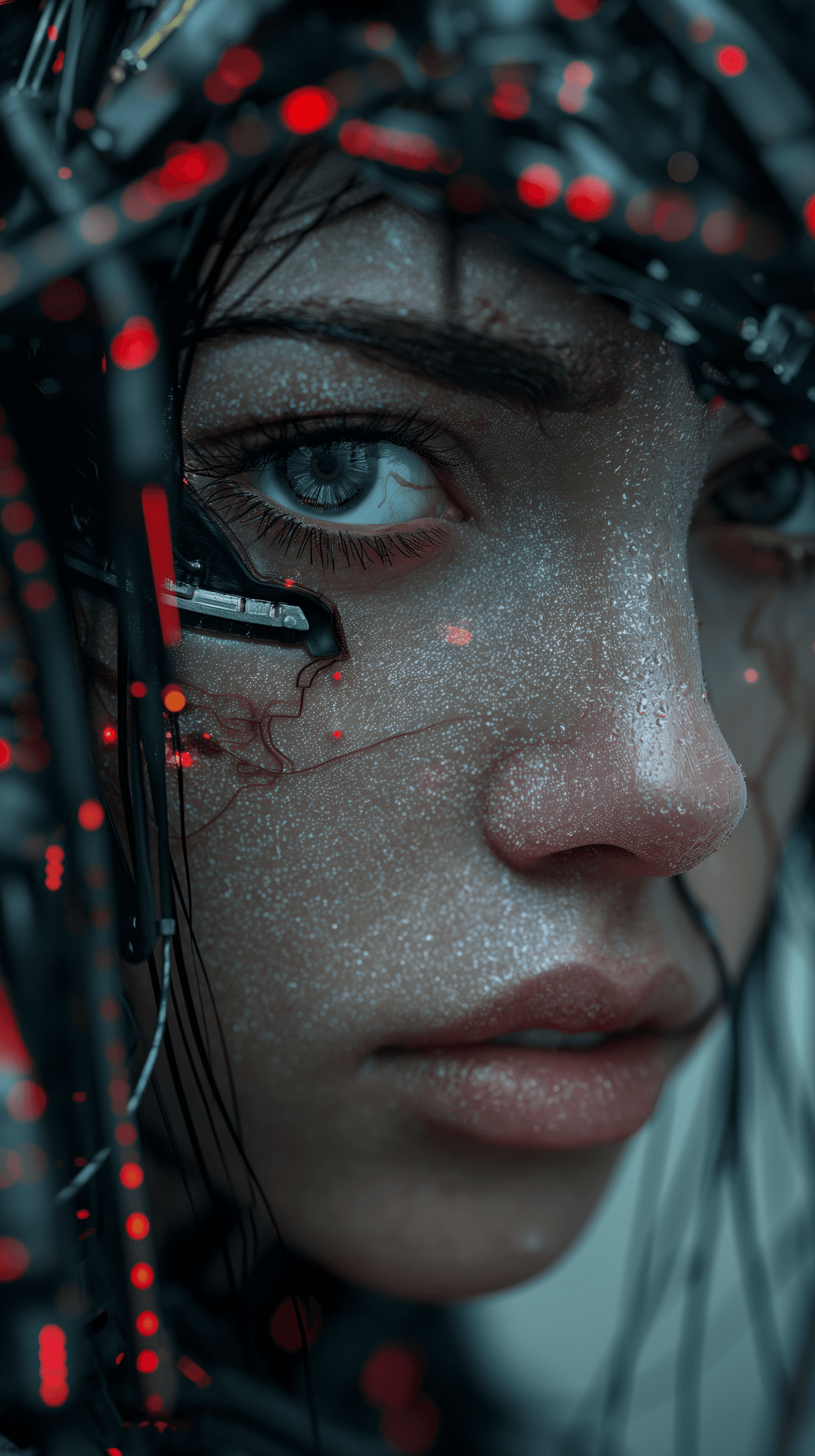 AI generated: rendering, close-up, detail candid shot, focus to face, strange face with complex system equipment w...