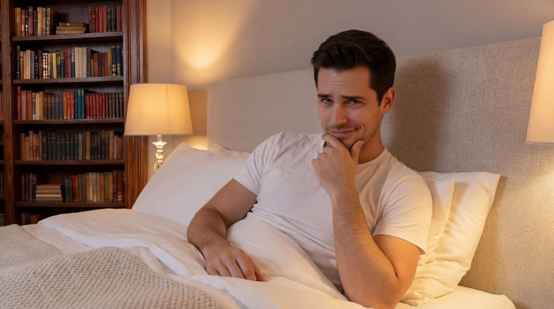 AI generated: The model is in bed under the blankets, he is sit up. He is wearing a white t-shirt short sleeve. He...