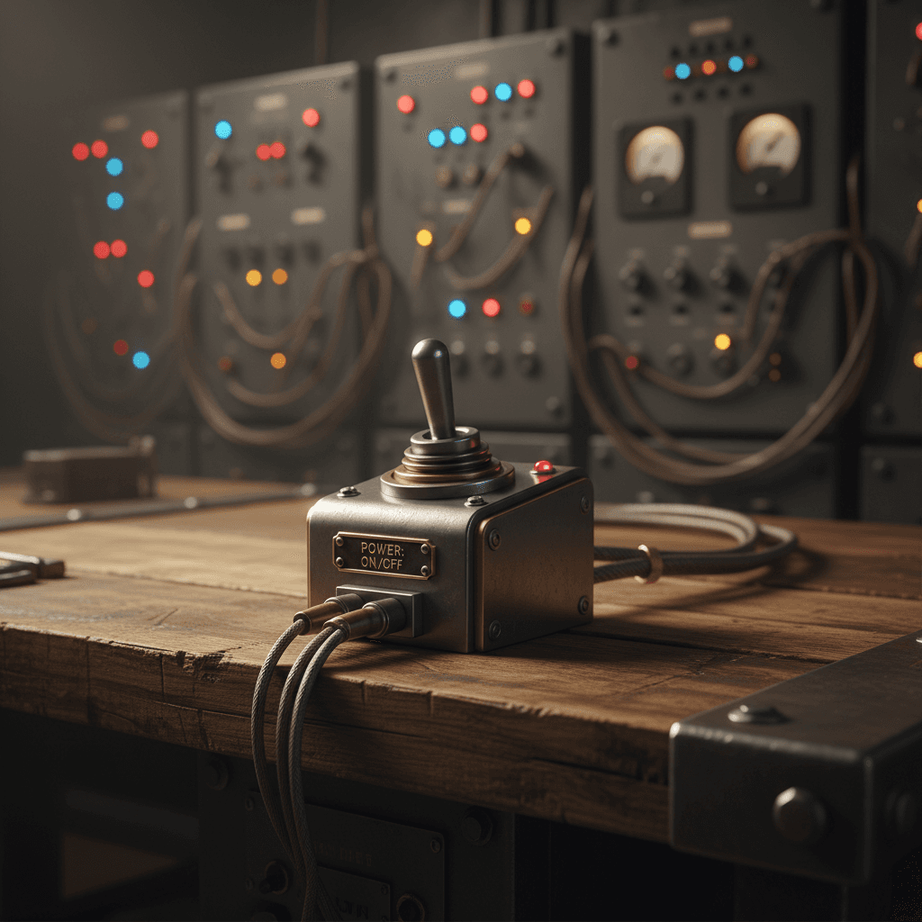 AI generated: A cinematic ultra-realistic close-up of a heavy-duty metal toggle switch placed on a sturdy industri...