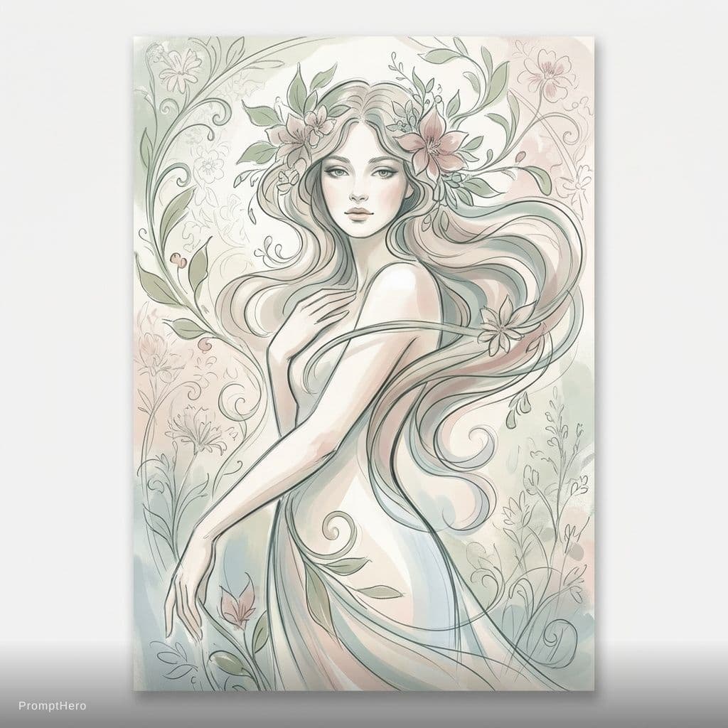 AI generated: Create a beautiful, intricate drawing of a woman in a nature-inspired, art nouveau style. The figure...