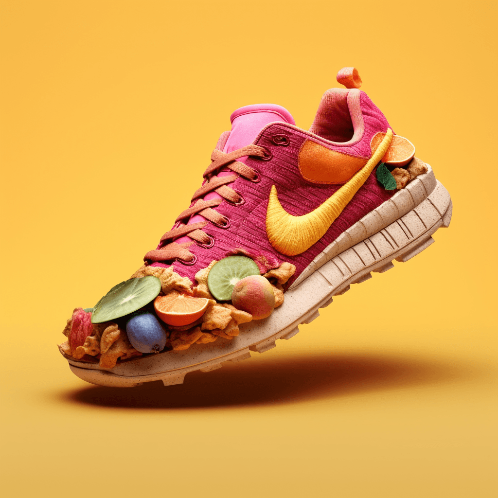 AI generated: pair of shoes made of dried fruit skins, 3d render, bright colours, clean composition, beautiful art...