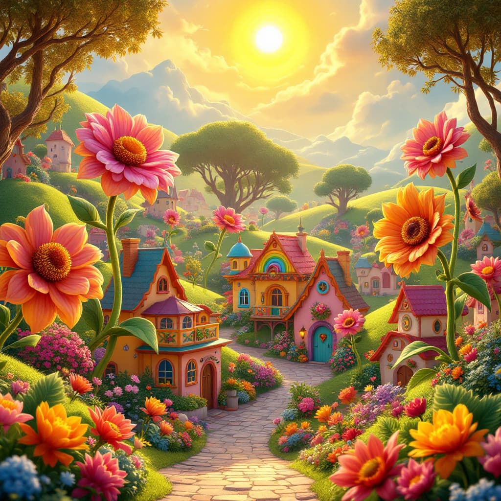 AI generated: A magical village with rainbow-colored houses, giant talking flowers dancing in the wind, a golden s...
