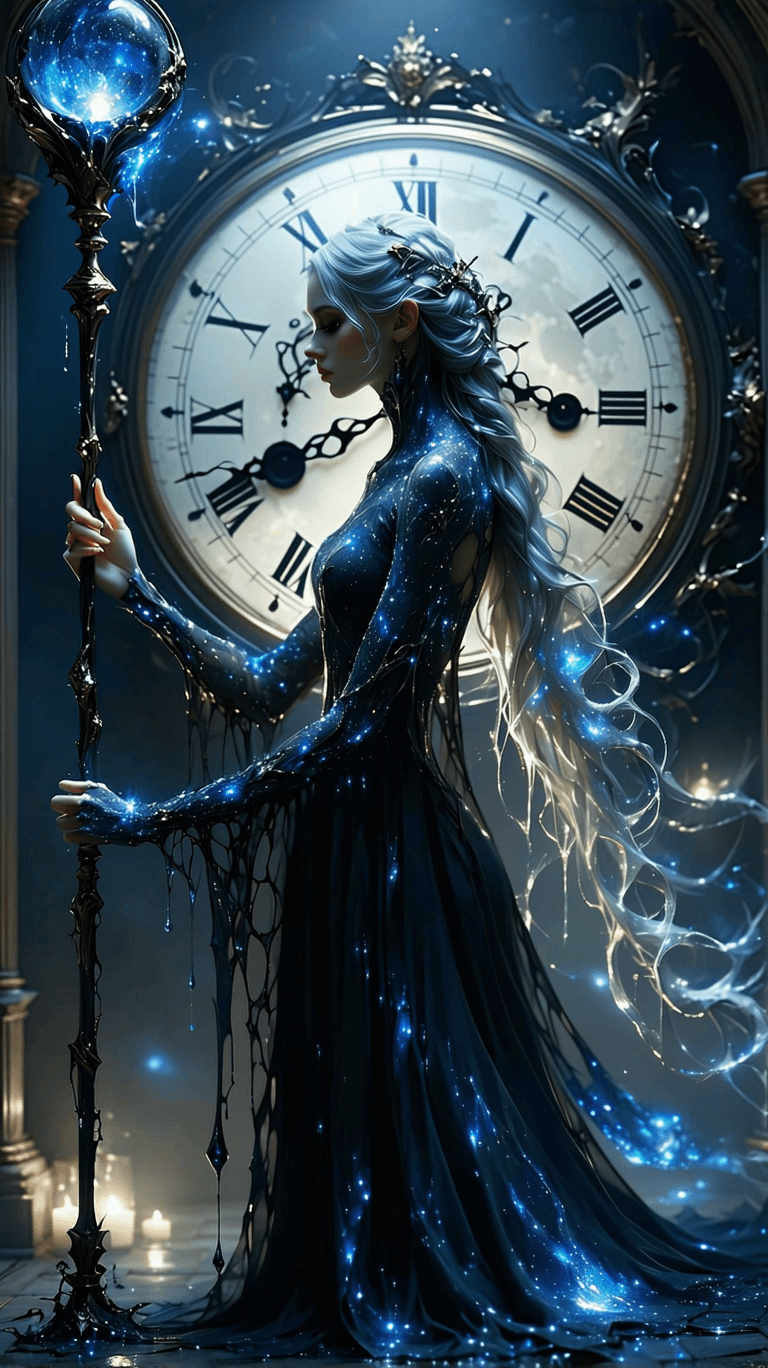 AI generated: An ethereal time weaver, her long, silver hair flowing like liquid moonlight and her skin adorned wi...