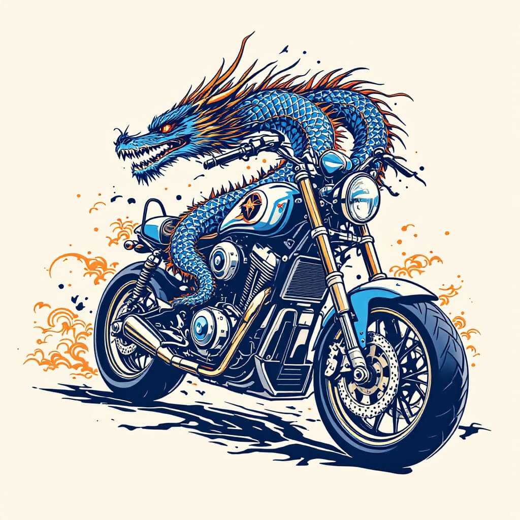 AI generated: Oriental blue dragón anime style design for they SIDE of a motorcycle