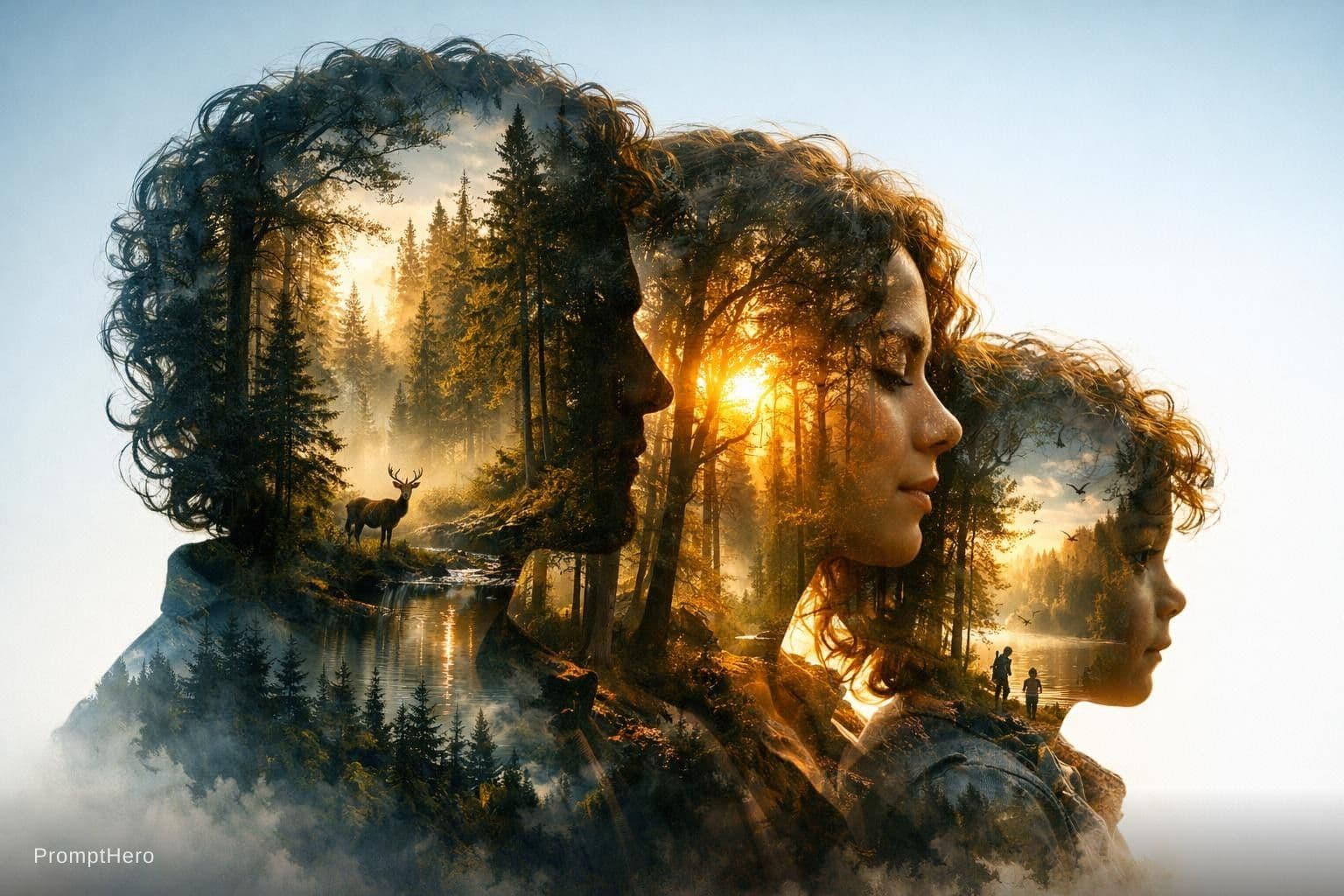 AI generated: This picture shows a surreal, double-exposed work of art. It combines the profile of the faces of a ...