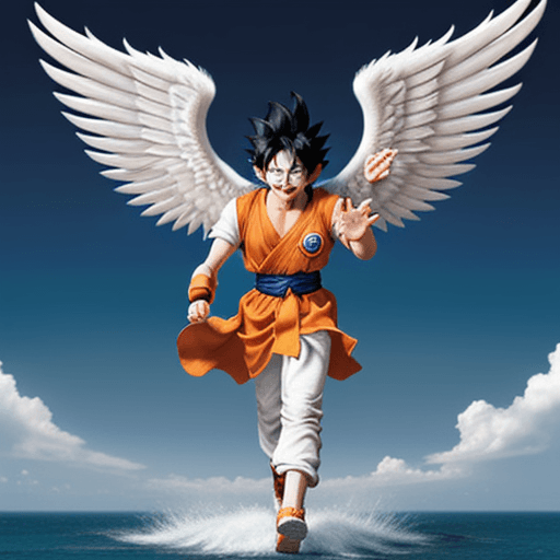 AI generated: Toriyama Akira's comic IP Goku, with white angel wings behind him and an angel ring on his head, wav...
