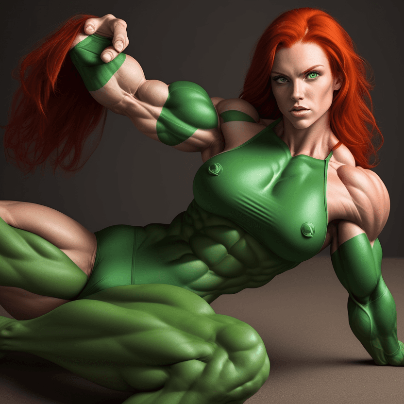 AI generated: 1 beautiful bodybuilder woman with a wide strong jaw, red hair, green eyes, SFW, big arms, big legs,...