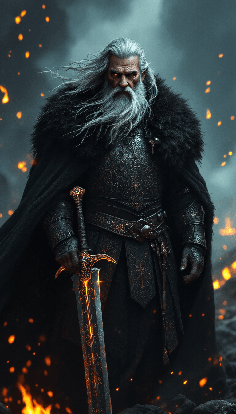 AI generated: A powerful, battle-hardened elder warrior stands amidst the embers of a fading battlefield. His long...