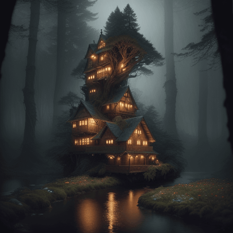 AI generated: detailed photo by Elsa Bleda, ((a wooden illuminated with bulbs house)) near detailed quick river in...