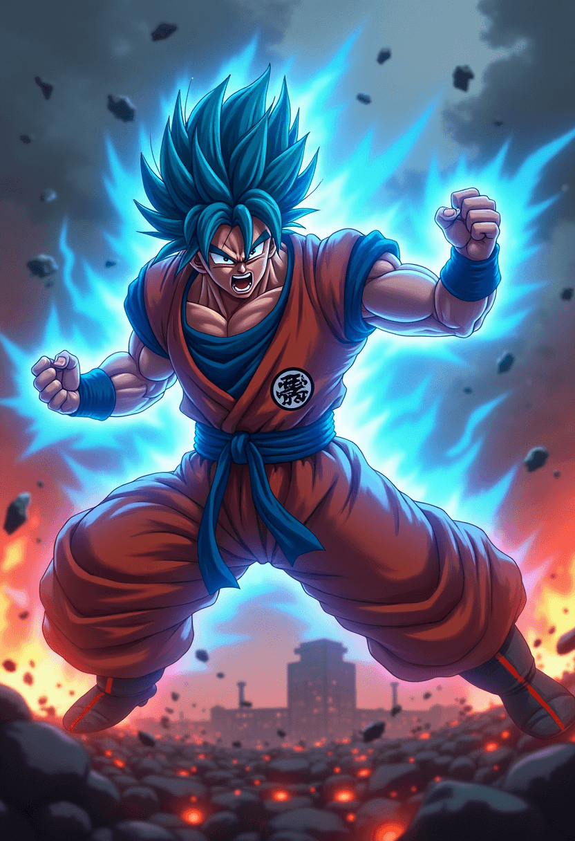 AI generated: realistic style, Goku fighting at war, raging, blue hair, character design, body is adorned with glo...