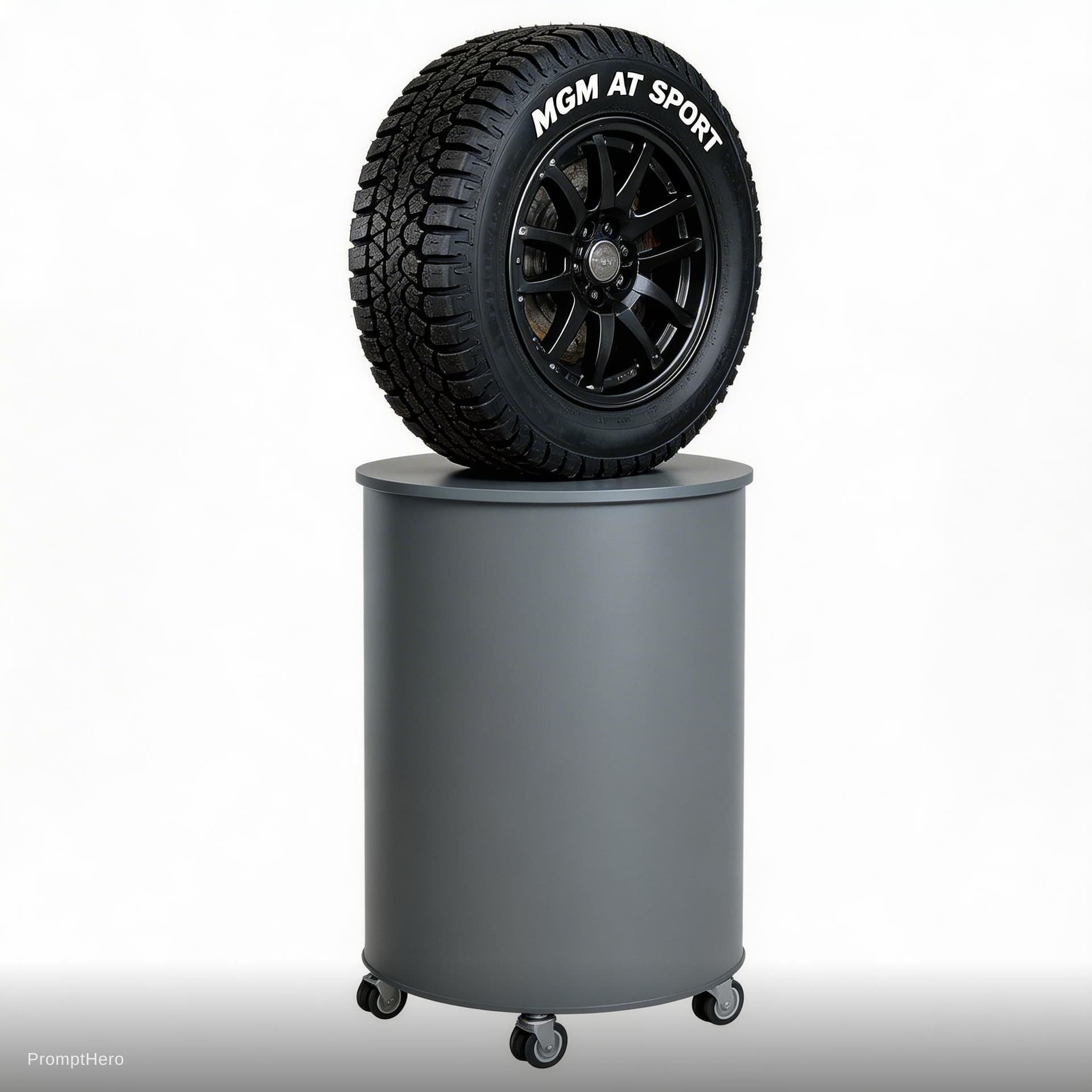 AI generated: photography, productive view, cylindrical podium with MGM AT SPORT tire