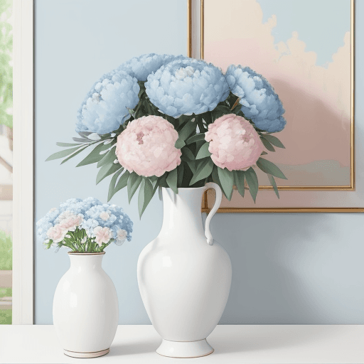 AI generated: A captivating and vibrant oil painting of a charming, nostalgic scene featuring a modern white vase....