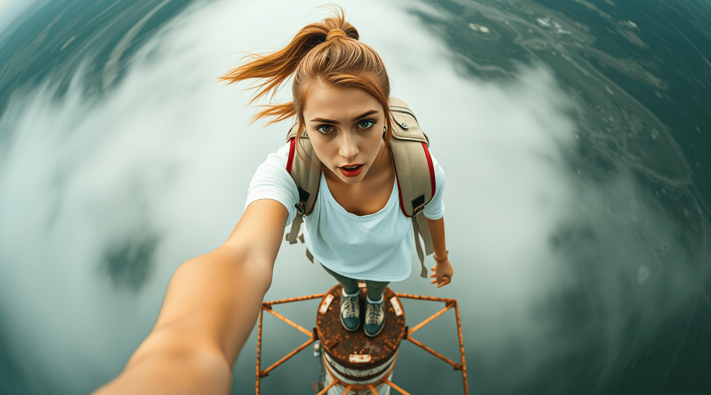 AI generated: top view of Grace Caroline Currey standing on a small base of needle-like 100-m telecom tower, she i...