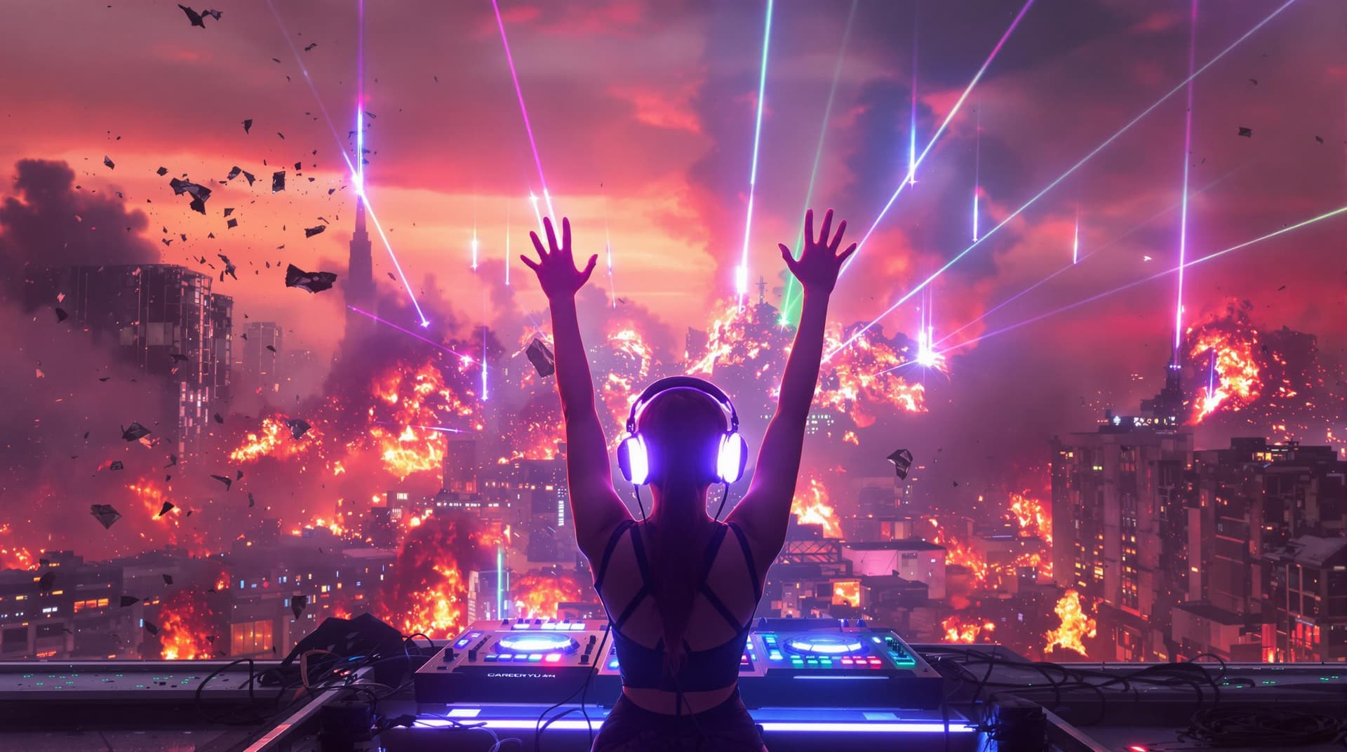 AI generated: A hyper-realistic cinematic shot of a beautiful futuristic female DJ with glowing headphones, standi...