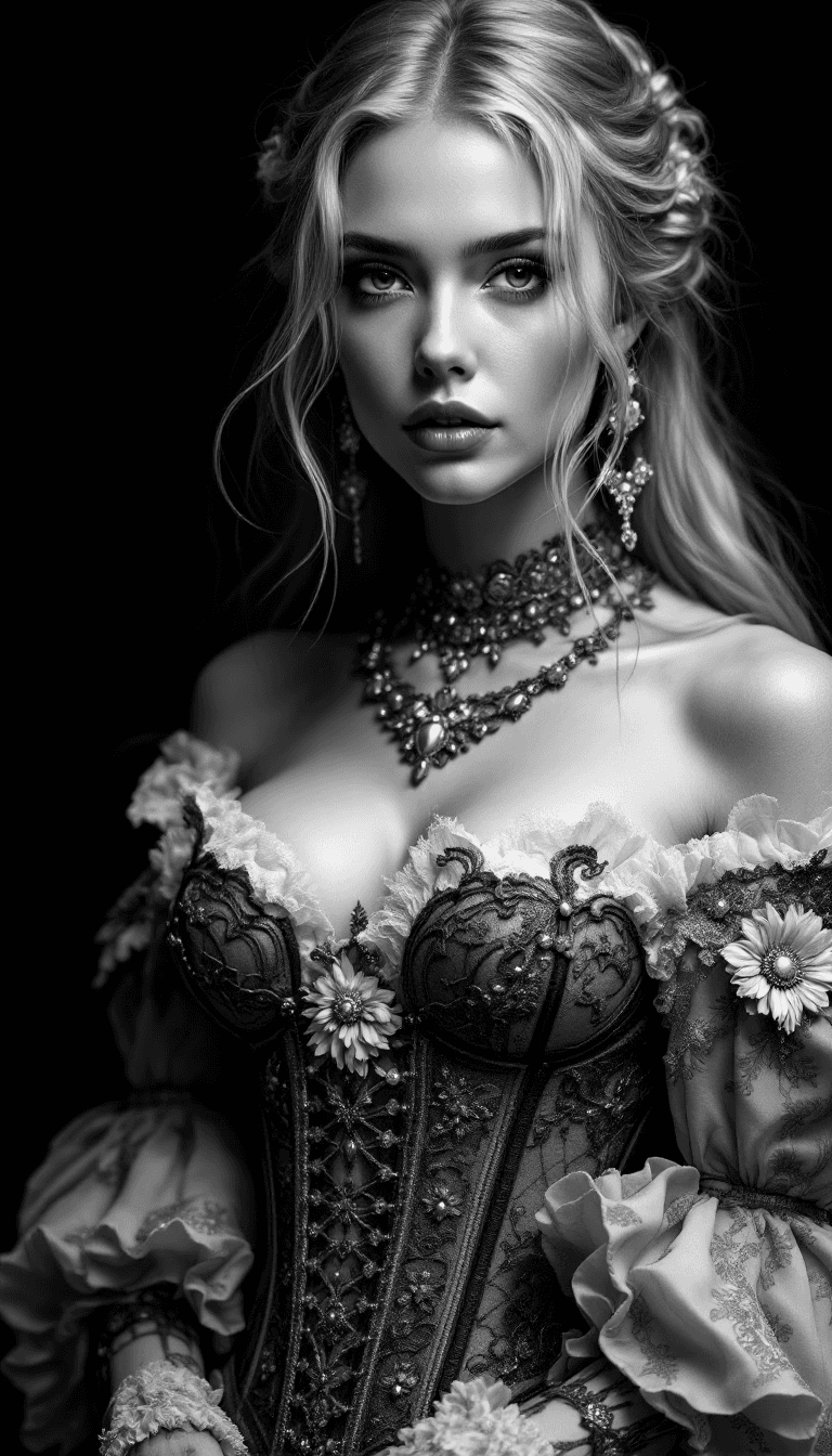 AI generated: A grayscale photorealistic digital illustration of a woman in elaborate, highly detailed attire. The...