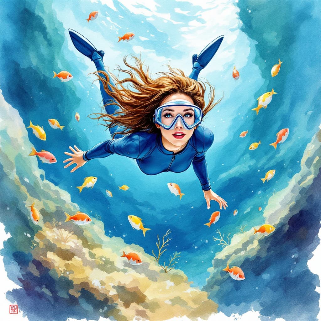 AI generated: Watercolour painting of a female. The image features a woman diving under water. She is skillfully f...