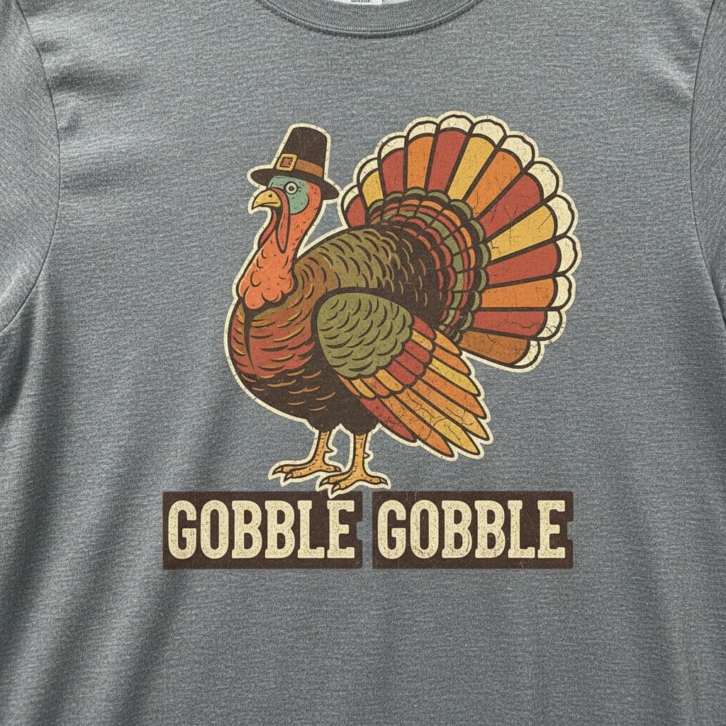 AI generated: Vintage Thanksgiving turkey illustration with "Gobble Gobble" text — distressed t-shirt print