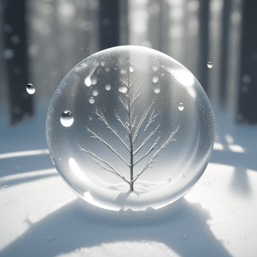 AI generated: a round shape raindrop ,on the snow forest, reminisce four seasons, spring ,summer, autumn, winter, ...