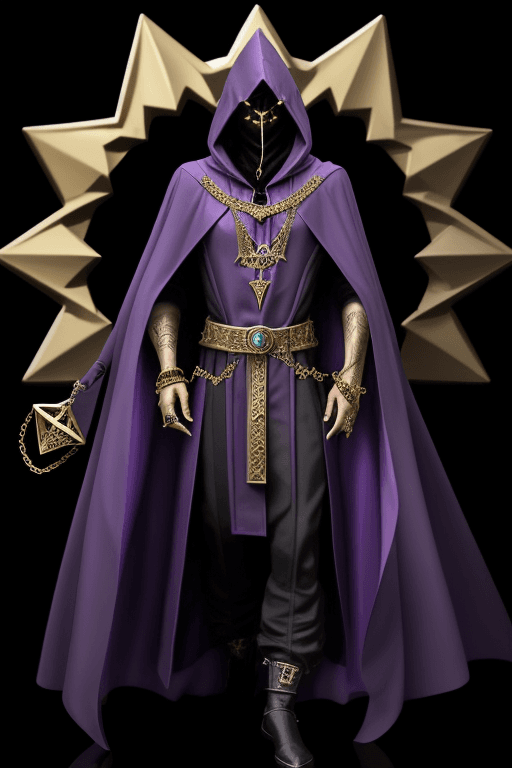 AI generated: Shadow wizard money gang, in purple cloak hood, dark face, gold chains and jewellery. triangle inste...