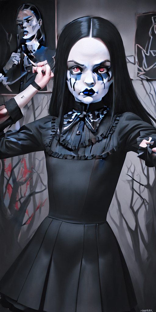 AI generated: 16k4d art rfktrstyle Wednesday Addams, Cubist Angles, (Dynamic Pose)+, perfect form, perfect composu...