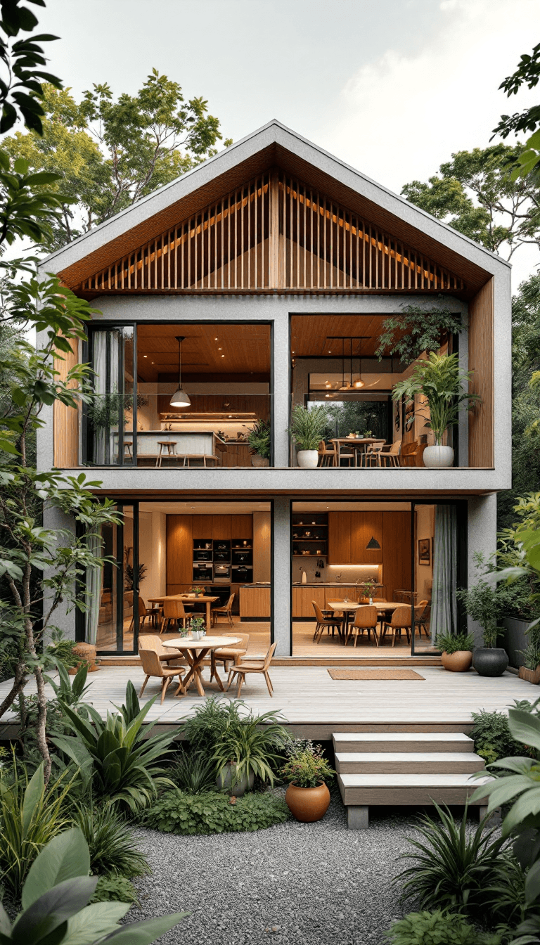 AI generated: A wide-angle shot of a two-story modern cottage house, with the second floor stretching across in wi...