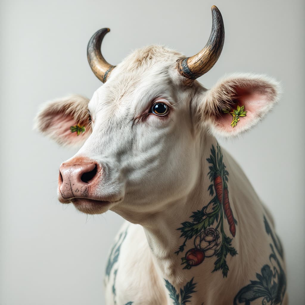 AI generated: photography close up, studio portrait of a shaved cow, tattooed veggies , highly detailed, crisp ima...