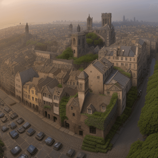 AI generated: A panoramic view of an ancient city at twilight, its cobblestone streets deserted and buildings over...