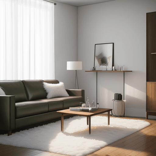 AI generated: small living room, minimalistic, Pinterest style, clean, sleek, 3d rendered, ultra-realistic, olive ...