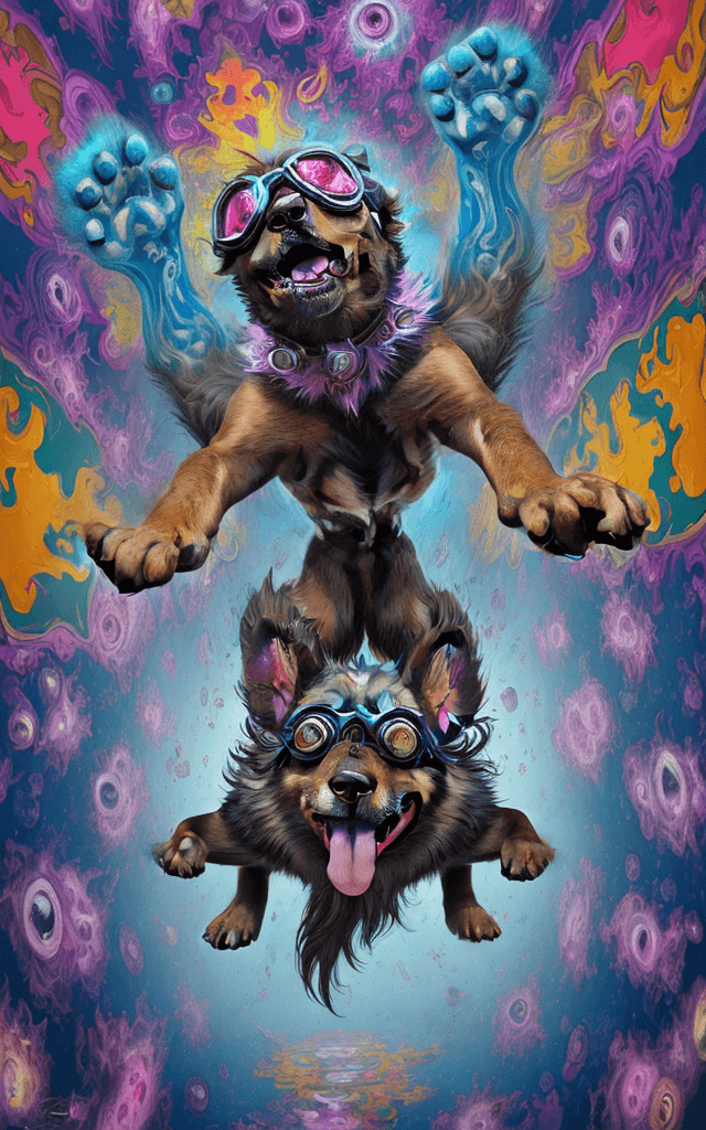 AI generated: A dog emanating an aura of confusion performs a leap, surreal painting, contorted reality, vivid col...