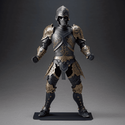 AI generated: Heavily armored figure standing in a dynamic, action-ready pose. This figure is clad in ornate armor...
