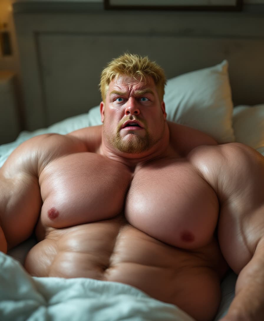 AI generated: photorealistic, detailed photo, huge pecs, very muscular, wearing  thong, embarrassed expression, bl...