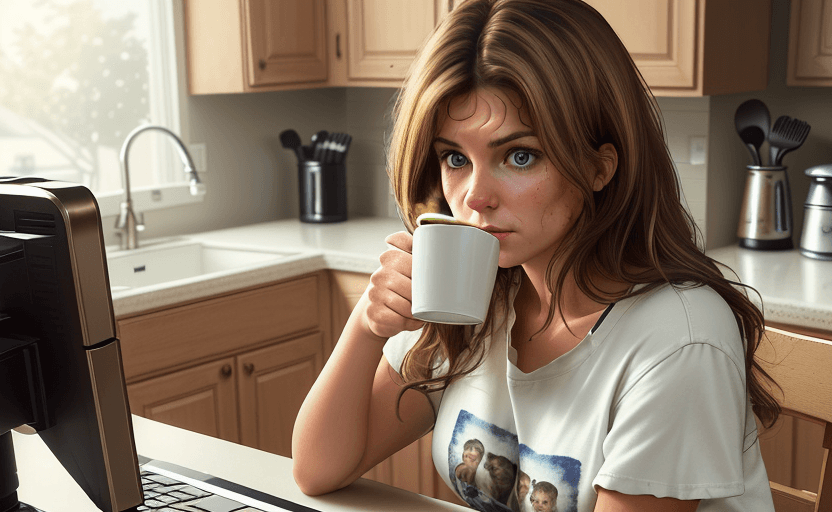 AI generated: Medium close-up, photograph of a woman, standing in her kitchen and leaning against the counter, dri...