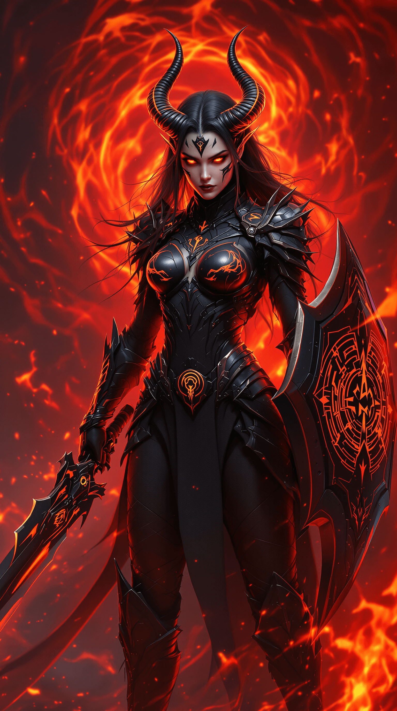 AI generated: an ultra-realistic, full-body portrait of a captivating demon huntress, radiating fierce determinati...