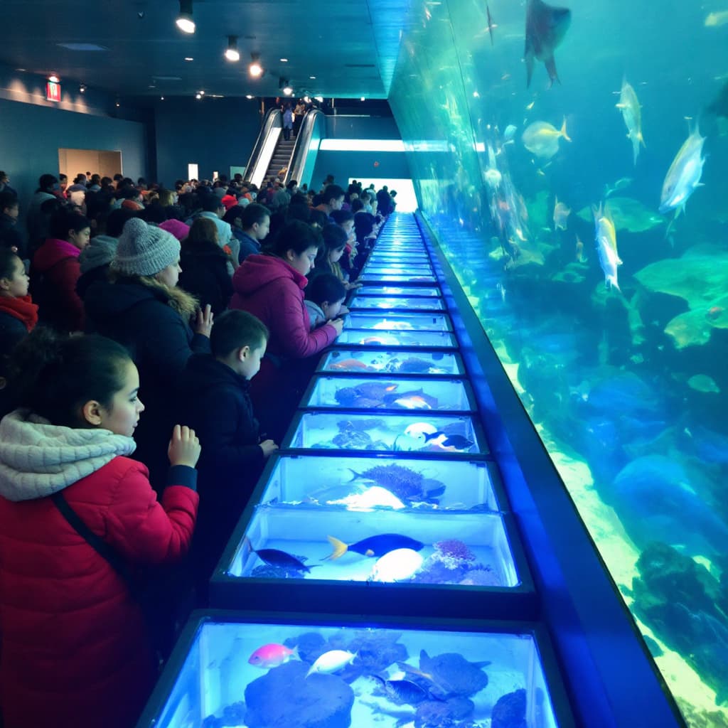 AI generated: Lots of small aquariums, lots of people wearing long sleeves, looking at the fish in the aquariums. ...