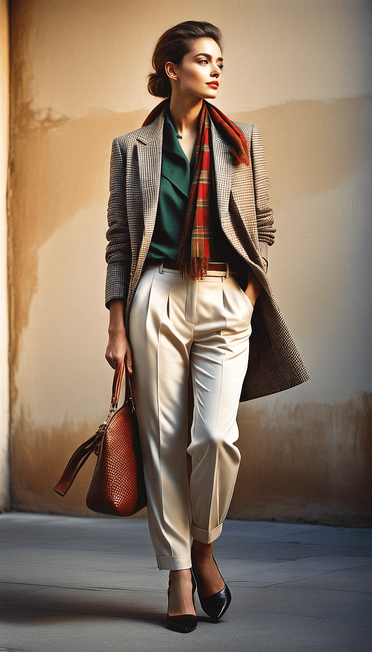 AI generated: The image features a woman wearing a green shirt and a plaid scarf, standing in front of a wall. She...