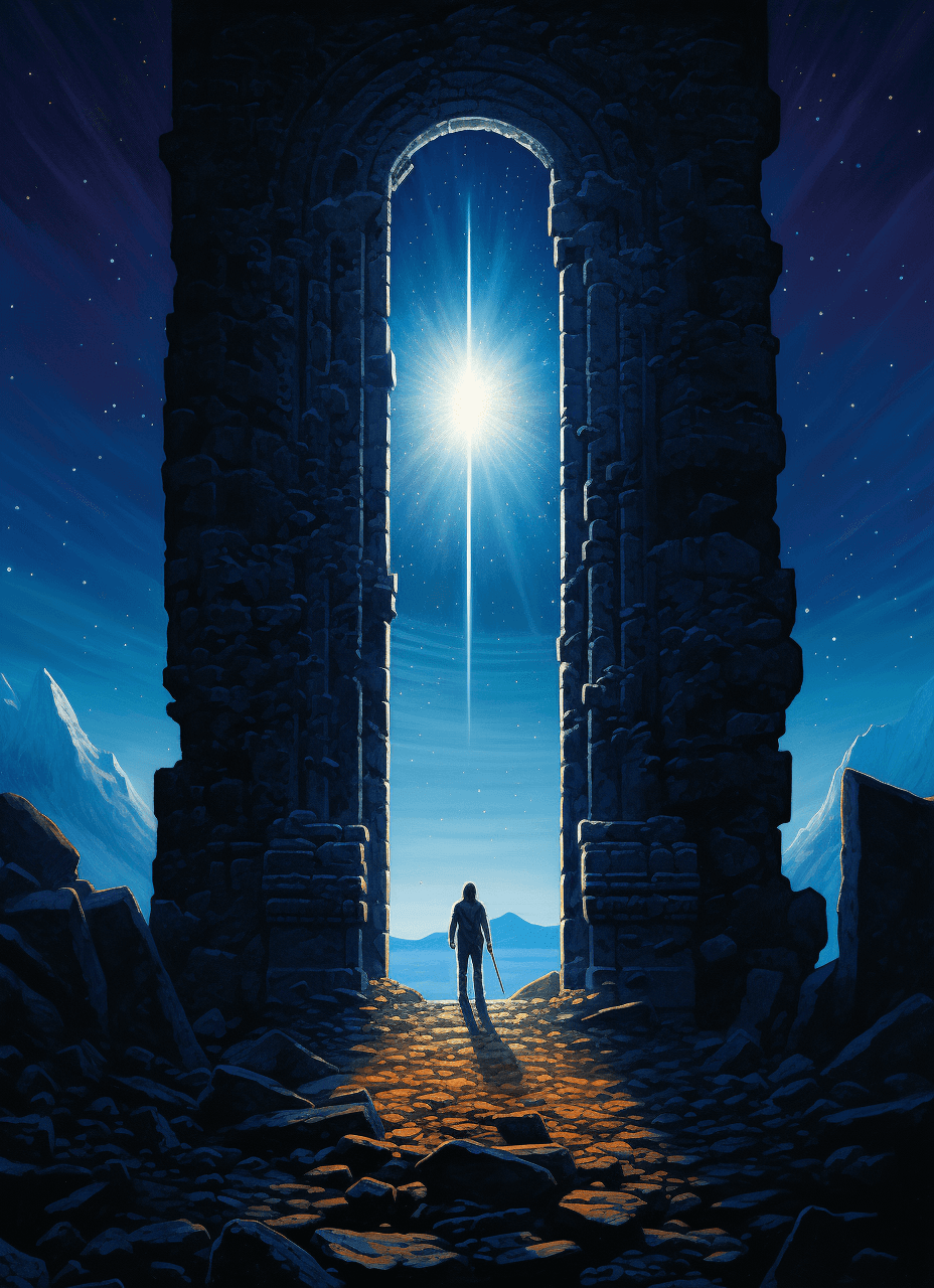 AI generated: A figure stands on the edge of an ancient ruins, looking out into space; the universe is visible thr...