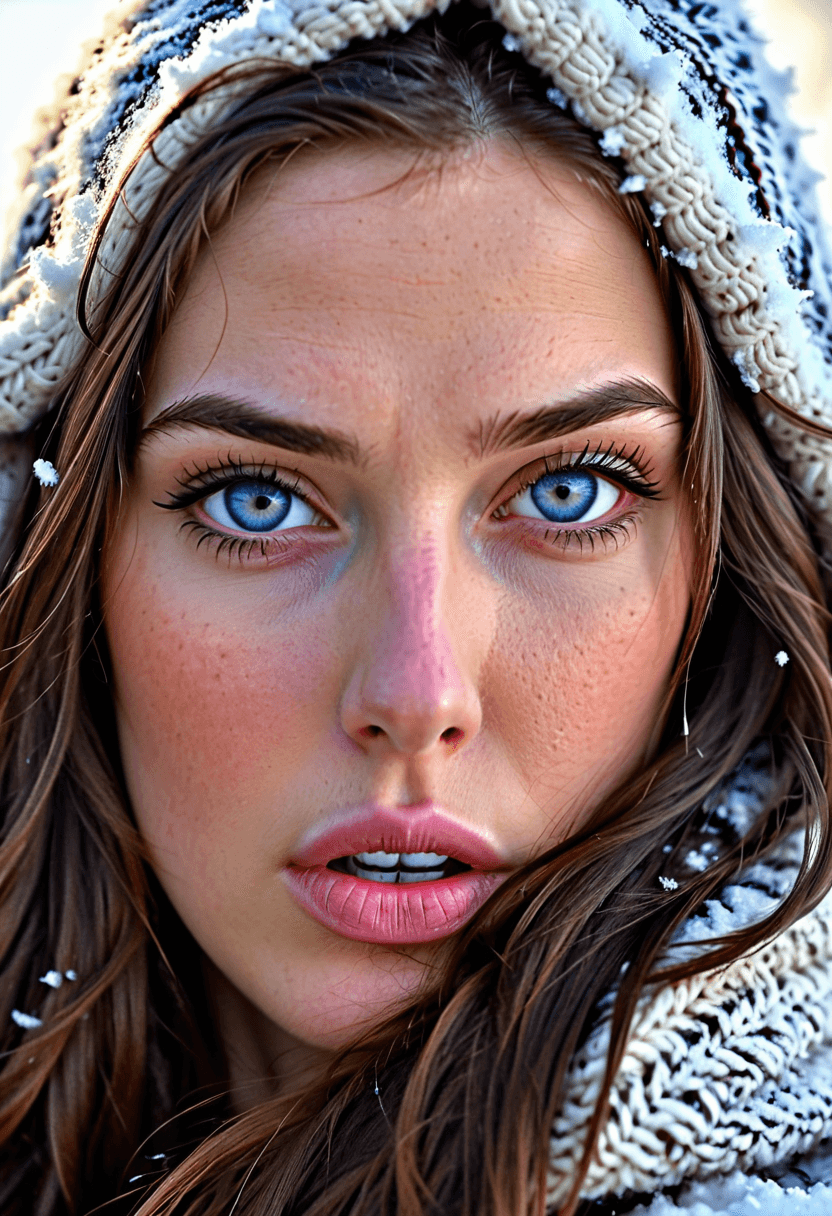 AI generated: close-up photograph of a beautiful woman with a heavy knit hood pulled up over her head, long brunet...
