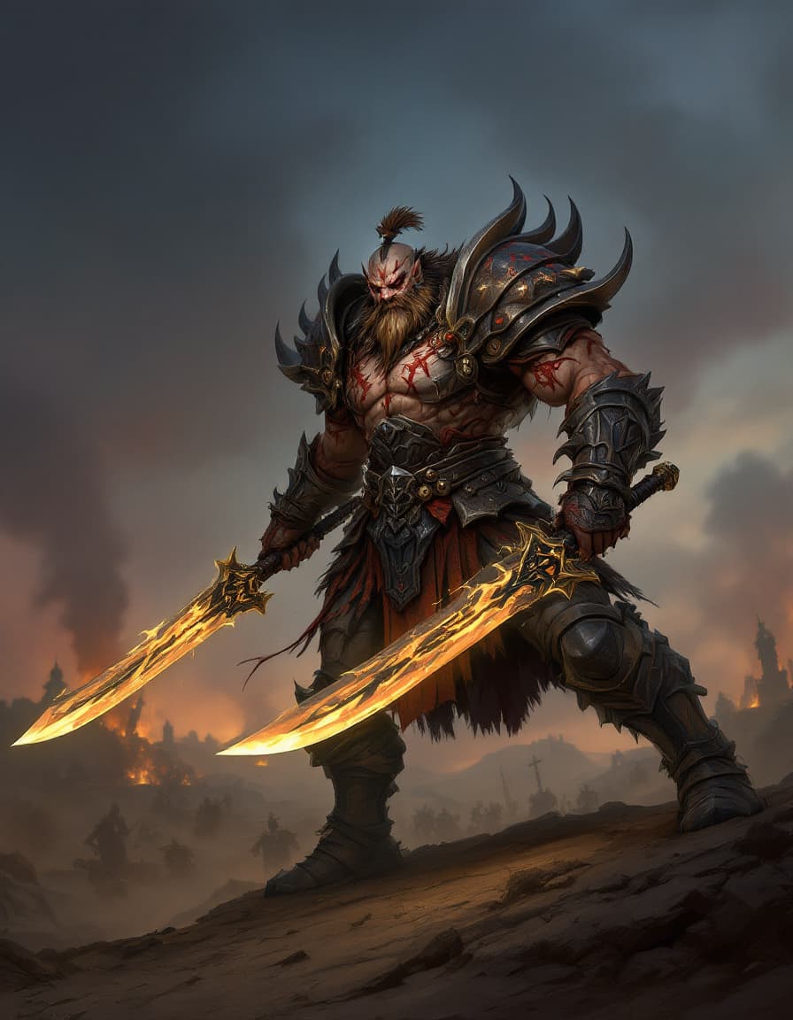 AI generated: "Create a concept art for Kharok, Blade Master, a powerful warrior from the world of 'Mystic Quest'....