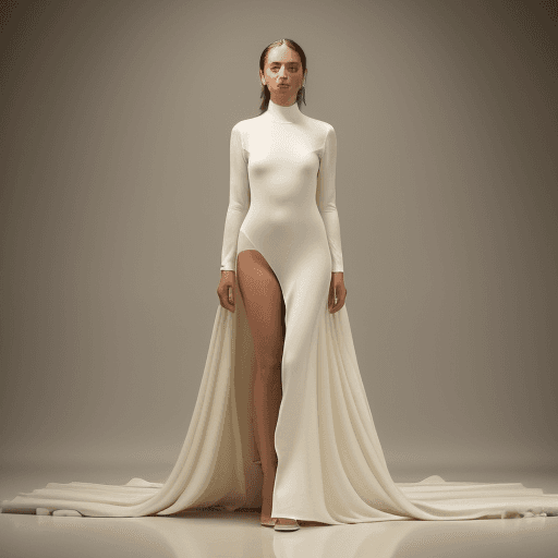 AI generated: The image is a full-length portrait of a woman in a flowing cream dress. The dress features a high n...